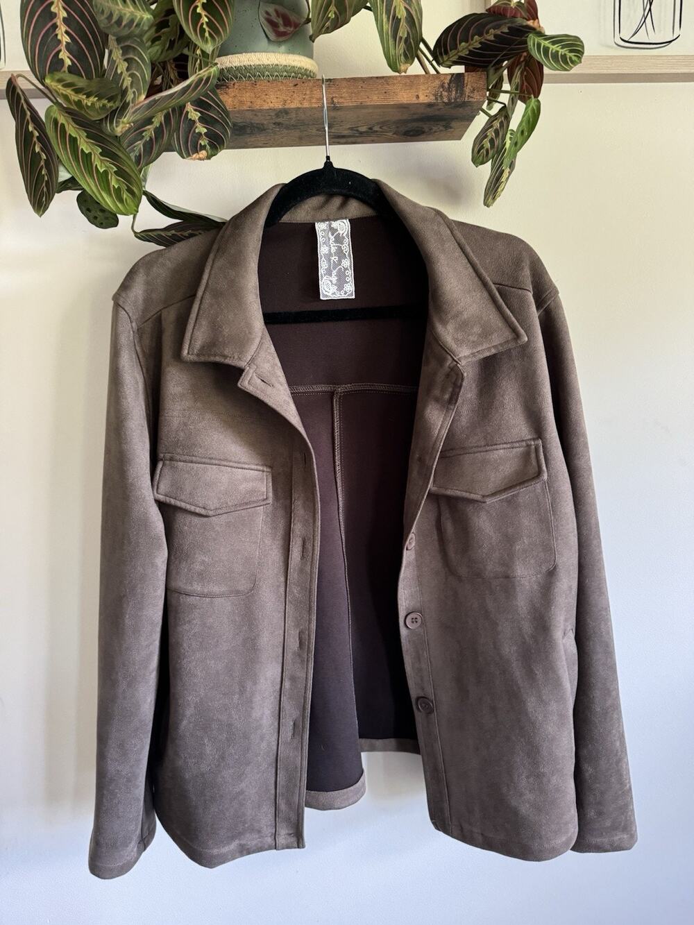 Sadie‎ & Sage Taupe Faux Suede Shirt Jacket Utility Shacket Button Front [L]